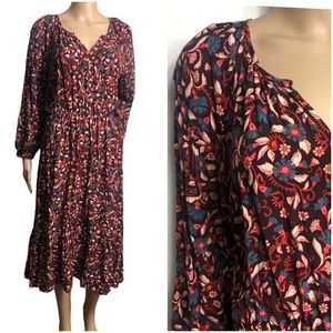 Old Navy midi  Dress  Printed Burgundy Floral Long Sleeve Elastic Waist Bohemiam